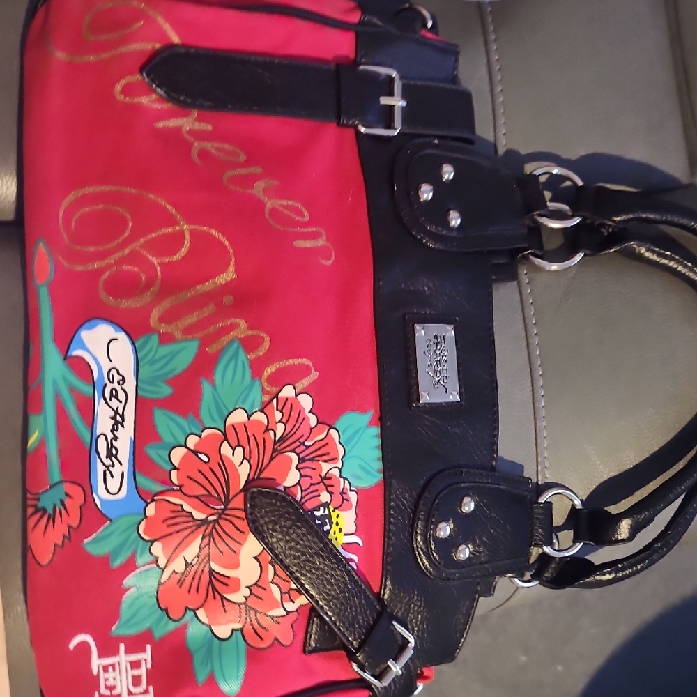 Ed Hardy Red Floral Shoulder Bag with Black Trim and Silver Hardware